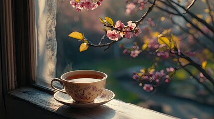 Fototapeta premium A warm cup of tea resting on a cozy windowsill, overlooking a peaceful, blooming spring garden.