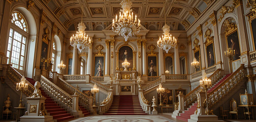 A stunning Baroque palace with grand, ornate architecture. The palace features elaborately decorated facades, sweeping staircases, and opulent interior rooms filled with gilded furniture.