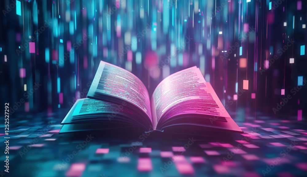 Poster digital book reveals futuristic knowledge, illuminated by neon lights, exploring data streams and in