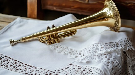 Fototapeta premium An antique brass trumpet resting on a white linen altar cloth, symbolizing triumphant Easter hymns.