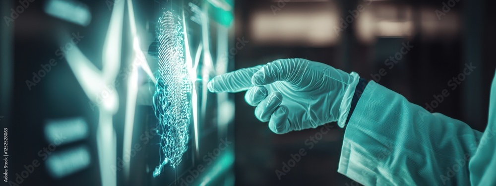Poster doctor using digital touchscreen to analyze data on futuristic interface in modern healthcare enviro