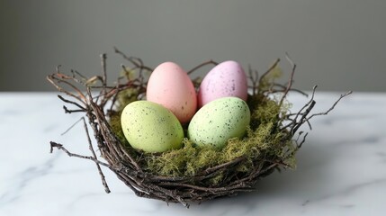 Obraz premium A delicate nest made of twigs and moss, cradling three pastel-colored Easter eggs.