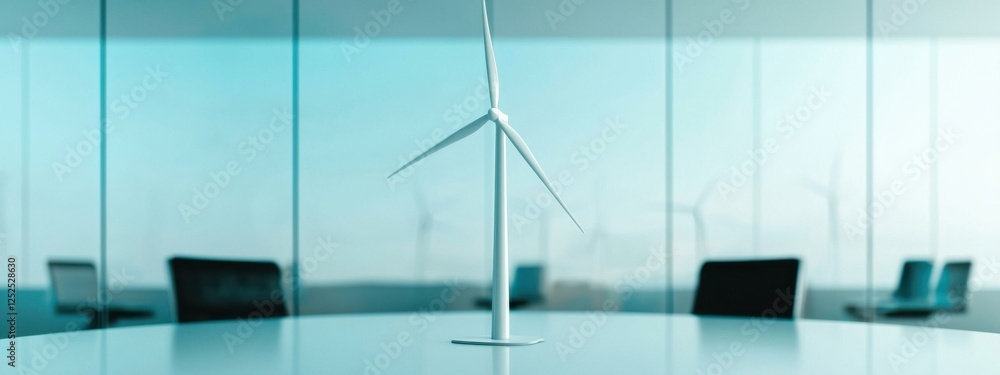 Poster small wind turbine model in modern office setting with blurred background of wind turbines outside t