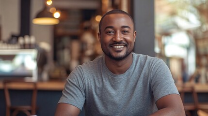 Obraz premium Happy African American Man Smiling in a Coffee Shop