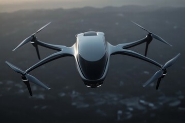 Modern flying drone front view, at dawn 