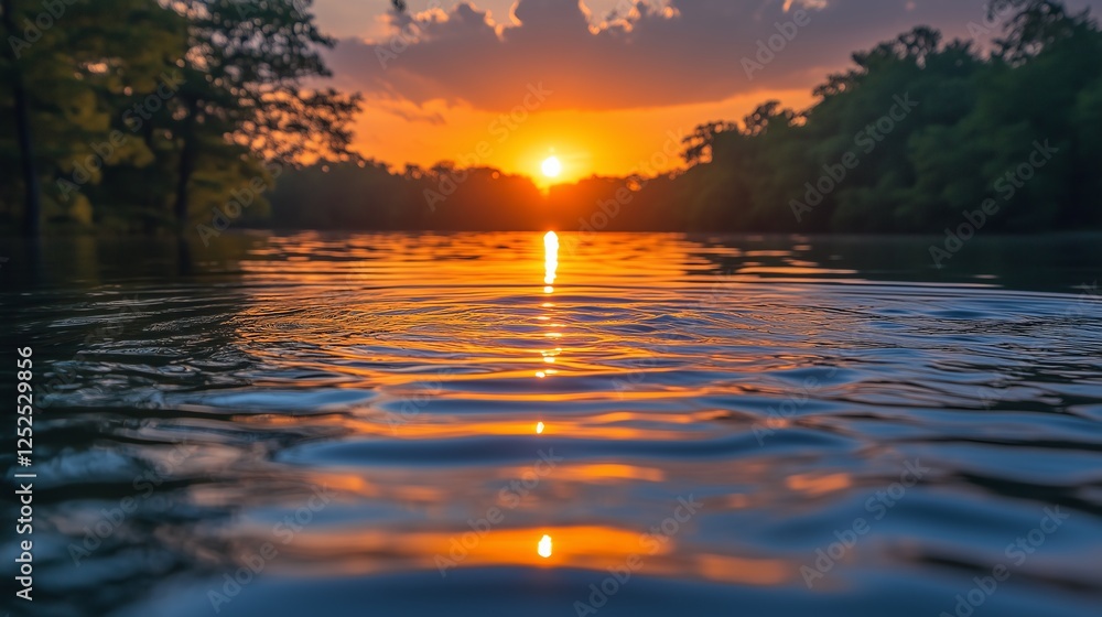 Poster sunset reflections create mesmerizing patterns on the water surface with trees framing the serene vi