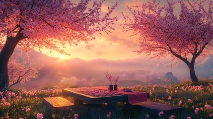Fototapeta premium Serene sunrise scene with blossoming cherry trees, mountains, and picnic table.