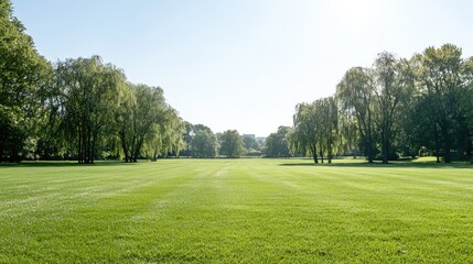 Obraz premium Sunny park lawn, trees, cityscape background. Relaxing nature scene, ideal for travel brochures