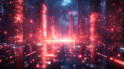 Obraz premium Cyberpunk Cityscape Neon Lights Digital Art Futuristic Red Glowing Streetscape Night Cityscape 
