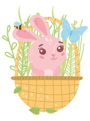 Vector cute Easter pink bunny and eggs in basket for poster, websites, card, scrapbooking, stickers isolated on white background
