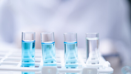 Close-up Laboratory test tube with blue liquid for chemistry chemical medicine research