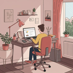 Fototapeta premium Woman Working at Home on Laptop in Cozy Room Setup
