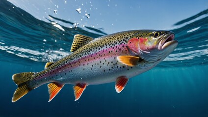 Naklejka premium Vibrant trout mid-air over glistening lake, chasing bait with splash below.
