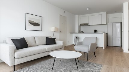 Modern apartment living room and kitchen area. Interior design. Possible use for interior design magazines, real estate listings, home decor websites