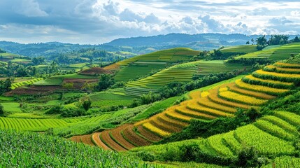 Fototapeta premium A panoramic view of farmland with alternating crop rows