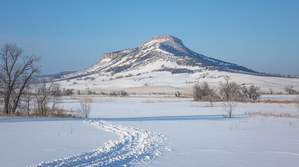 Fototapeta premium Snow-covered mountain under a crisp, clear winter sky. --chaos 20 --ar 16:9 --quality 2 --v 6.1 Job ID: 327bb7a7-9917-433a-8321-b8a832bf1c3c