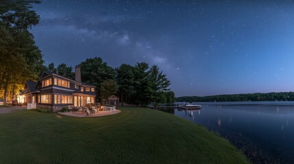 Fototapeta premium Star-filled sky with the Milky Way stretching above a peaceful lake. --chaos 20 --ar 16:9 --quality 2 --v 6.1 Job ID: 57c2e784-5e76-4cd9-aa58-e5cd61987635