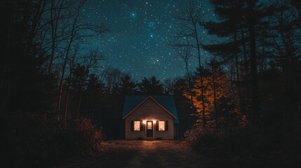 Starry sky above a small cabin in the woods, illuminated by the moon. --chaos 20 --ar 16:9 --quality 2 --v 6.1 Job ID: 598cafca-cc8c-4034-9267-fc399bd617d6