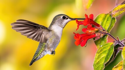 Fototapeta premium A close-up of a hummingbird feeding from a bright red flower, its wings a blur, soft bokeh background.