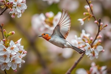 Fototapeta premium Small bird flying near vibrant cherry blossoms on a sunny spring day