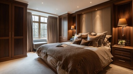 Luxurious Master Bedroom Interior Design with Walnut Wood Accents