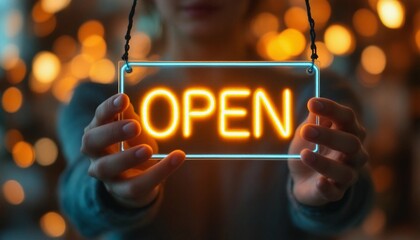 Illuminated Neon Open Sign Held by Person against Bokeh Background