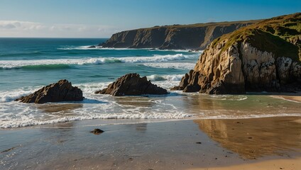 Peaceful seals rest on warm sand beneath Cornwall’s towering coastal cliffs.

