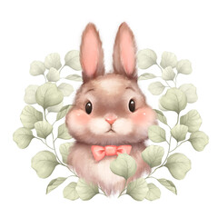 Cute bunny portrait with green leaves. Easter art print. Hand drawn bunny illustration