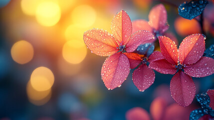 Beautiful Dew Drops on Red Autumn Leaves Nature Photography up fall plant water light bokeh macro   