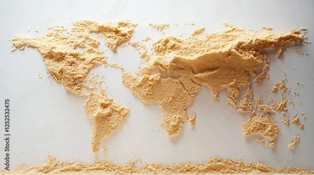 Poster world map made out of sand particles floating in mid air over a light neutral studio background.