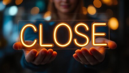 Illuminated Transparency, A Person Holding a Glowing 'CLOSE' Sign