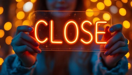 Illuminated 'Close' Sign Held Up by Hands in a Bokeh Light Setting
