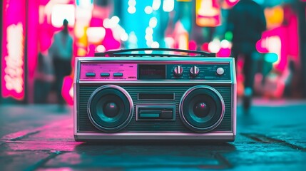 Fototapeta premium Vintage 80s Boombox on Vibrant City Street Corner with Neon Lights and Fashionable Backdrop
