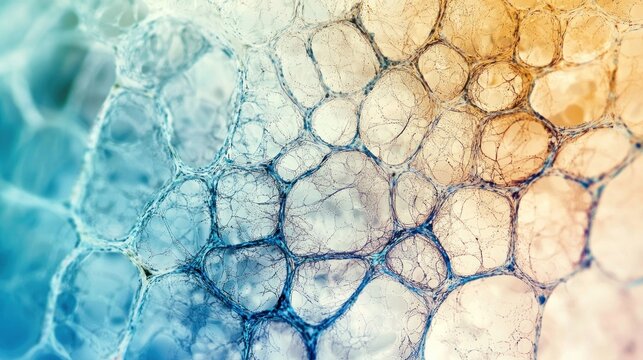 Cellular structure under a microscope with a soft, scientific background