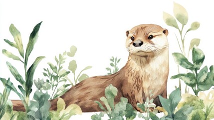 Watercolor Otter in Greenery