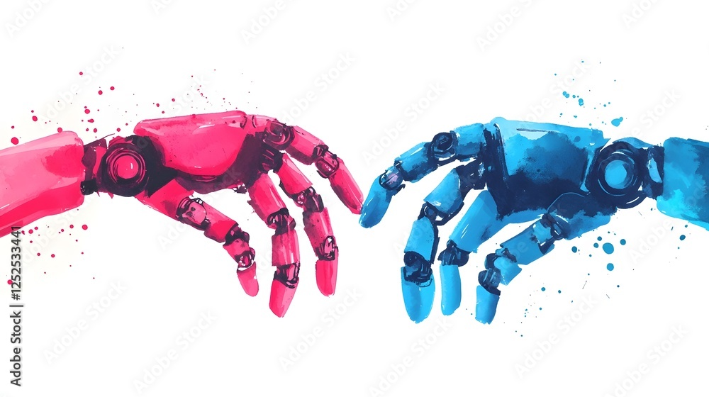 Aufkleber seamless human-robot interaction in watercolor style showcasing advanced robotics and futuristic