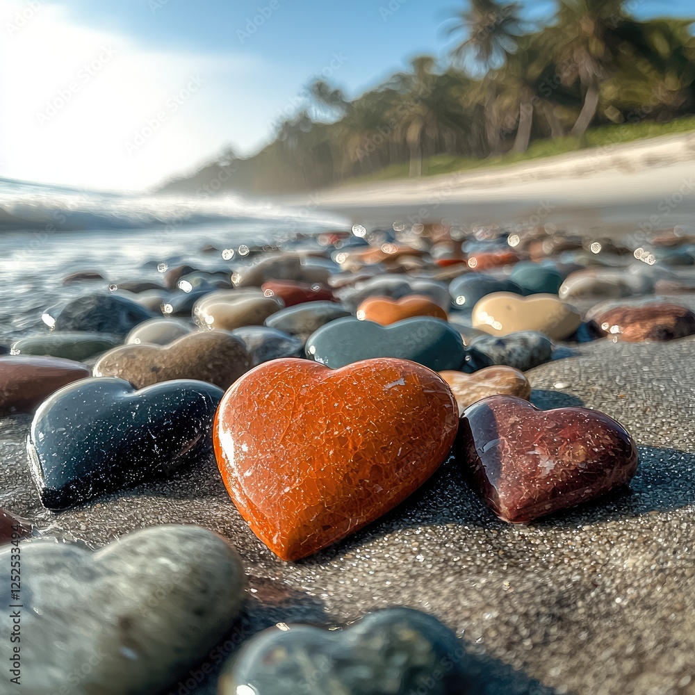 Poster Shiny colorful heart shaped pebbles washed up on a beach with palm trees in the distant background.