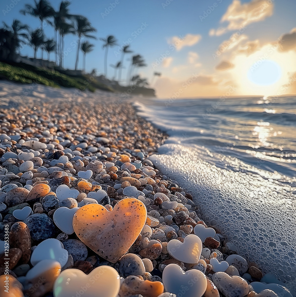 Poster Shiny colorful heart shaped pebbles washed up on a beach with palm trees in the distant background.