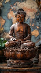 Serene Wooden Buddha Statue on Lotus Base, Global Map Background