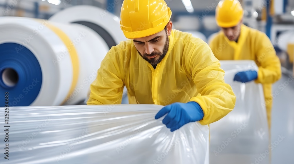 Poster workers handling large rolls of transparent plastic sheets in industrial factory setting