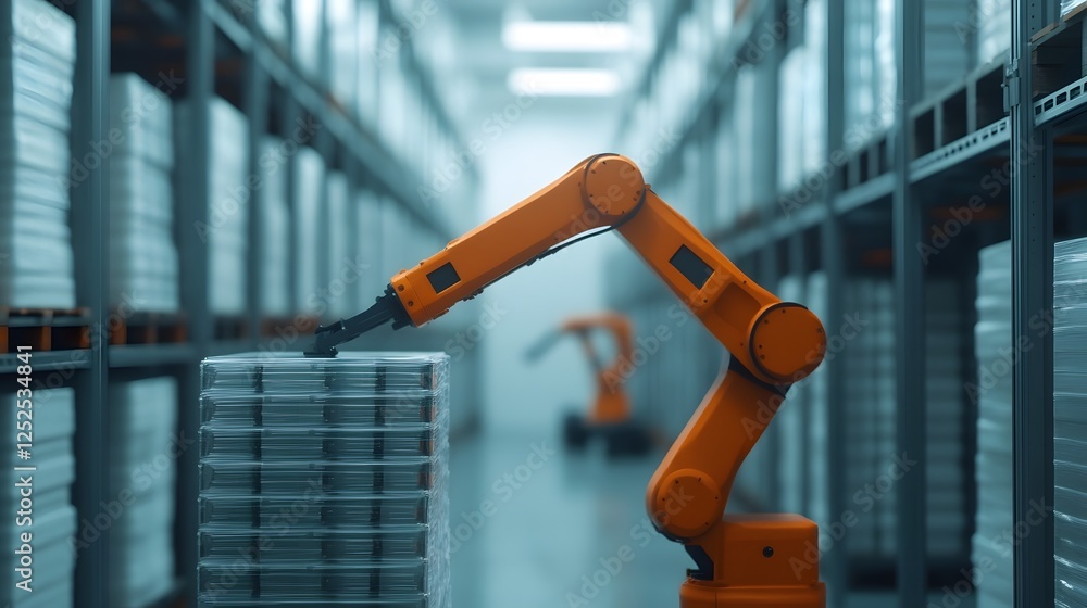 Poster robotic arm stacking transparent plastic sheets in automated warehouse setup