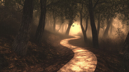 A tranquil forest pathway, curving elegantly through a sunlit grove, surrounded by towering trees with intertwining branches