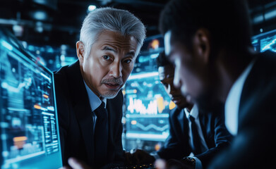 Two businessmen in suits, one Asian and the other a Black male with gray hair, are looking at digital charts on a computer screen while talking to each other inside an office room filled with futurist