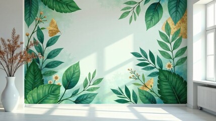 Serene Botanical Wall Mural Design Featuring Lush Greenery and Gold Accents in a Modern Interior Setting