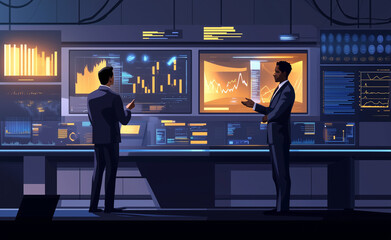Two businessmen in suits, one Asian and the other a Black male with gray hair, are looking at digital charts on a computer screen while talking to each other inside an office room filled with futurist