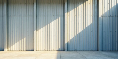 Fototapeta premium Light and Shadow Play on a Corrugated Metal Wall with Concrete Floor