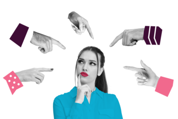 Thoughtful woman in blue shirt surrounded by pointing fingers on white background. Concept of blame, accusation, judgment, or social pressure