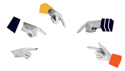 Various human hands pointing in different directions with abstract colored sleeves, isolated on a white background. Concept of accusation, blame, criticism