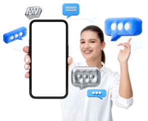 Smiling woman in white shirt holding smartphone with blank screen, surrounded by floating chat bubbles, on white background. Concept of messaging app