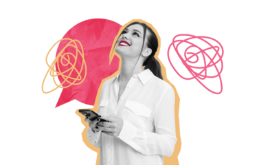 Woman in white shirt holding smartphone, smiling while looking up. Abstract speech bubbles with scribbles in collage style on white background. Concept of communication